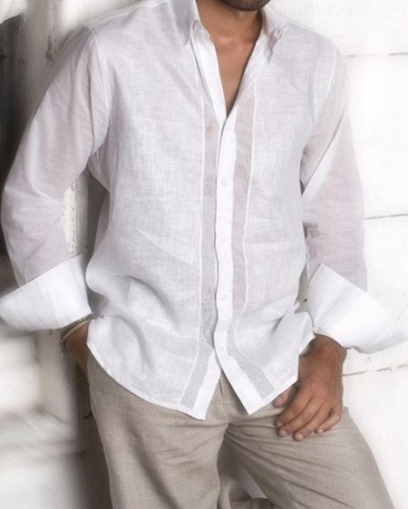 

Casuale Puro Colore Risvolto Maniche Lunghe Bottone Camicia, Bianco, Men's Top