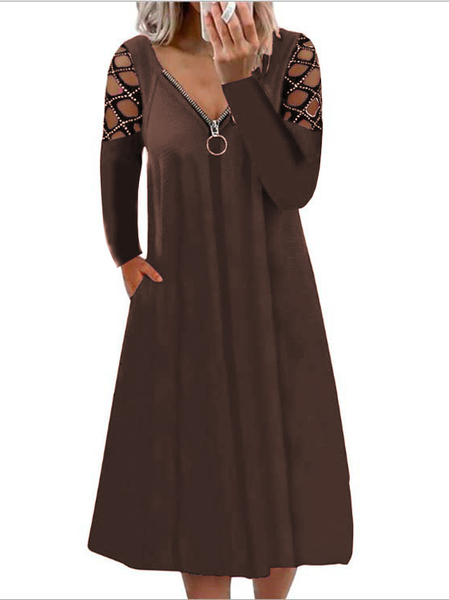 

Long Sleeve Cotton V Neck Shift Dresses, Coffee, Midi Dresses
