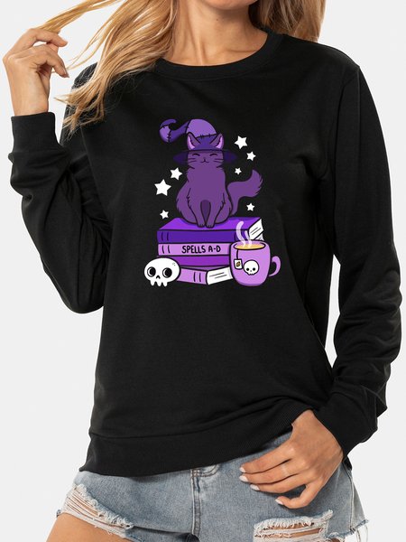 

Wizard Cat Halloween Ladies Pullover Sweater, Black, Sweatshirts