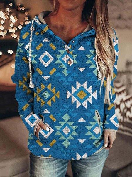 

Blue Geometric Printed Vintage Casual Sweatshirt, Hoodies & Sweatshirts