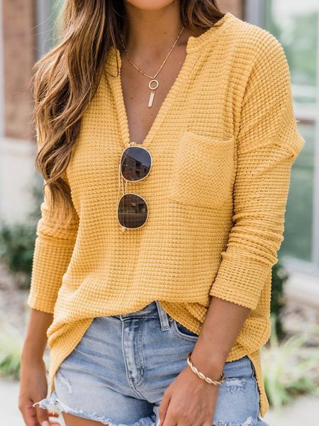 

V Neck Casual Shirts & Tops, Yellow, Long sleeve tops