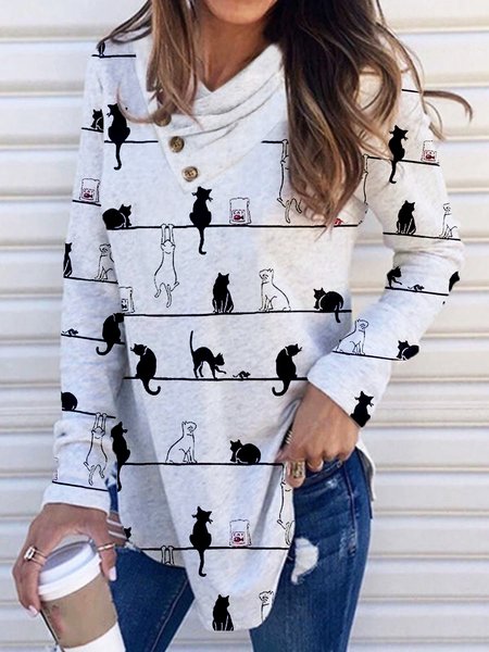 Grigio Gatto Stampato Casuale Allentare Top, Blouses & Shirts