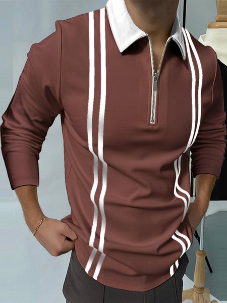 

T-shirt striped stretch casual long-sleeved polo, Brown, Men's shirts