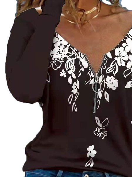 

V Neck Cotton Blends Shirts & Tops, Black, Tops