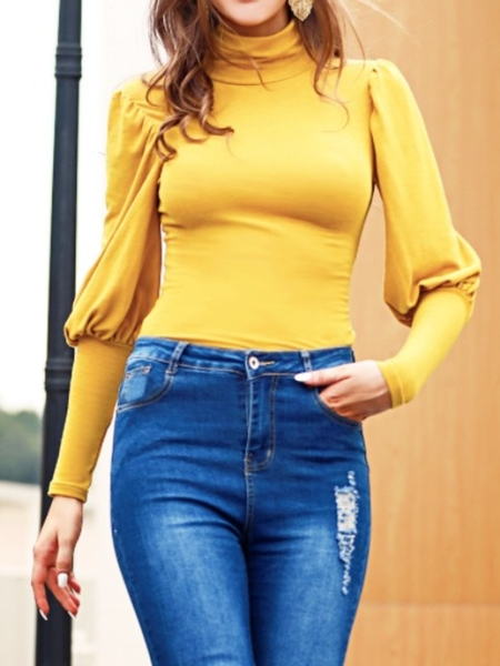 

Fall High Stretch Simple Elegant Simple Daily Lightweigh Tops, Yellow, Tops