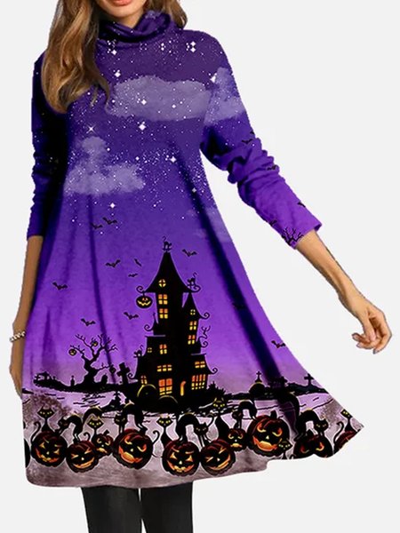 

Halloween Purple Castle Pumpkin Pile Neck Woman Dress, As picture, Dresses