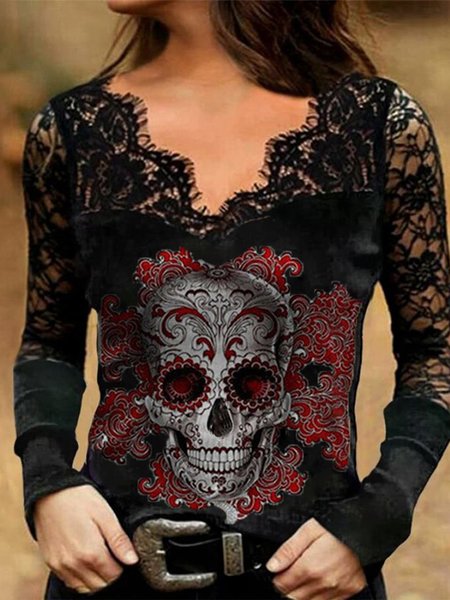 

V Neck Cotton Blends Shirts & Tops, Skull, Tops
