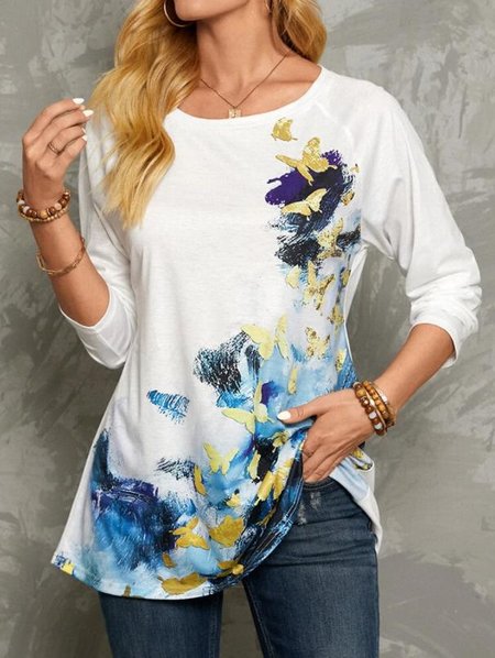 

Butterfly Printed Casual Long Sleeve T-shirt, White, Auto-clearance