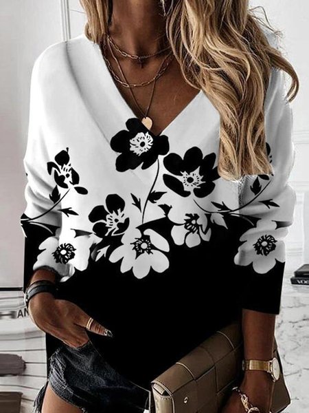 

Black-white Floral Printed Loosen Shirts & Tops, Blouses & Shirts