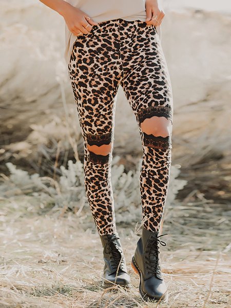 

Casual Daily Mid Waist Skinny Pants, Leopard, Skinny Leg Pants