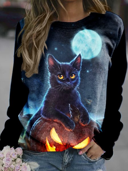

Halloween Cat Pumpkin Castle Starry Sky Sweatshirt, As picture, Hoodies&Sweatshirts