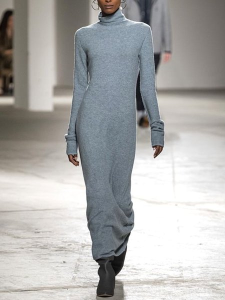 

Casuale Solido Maniche Lunghe Abito, Grigio, Maxi Dresses