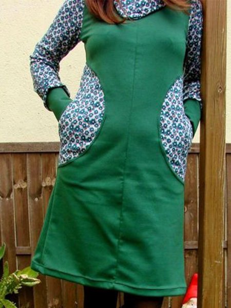

Vintage Floral Printed Paneled Color-Block Long Sleeve Plus Size Casual Sweatshirt Dresses, Green, Mini Dresses