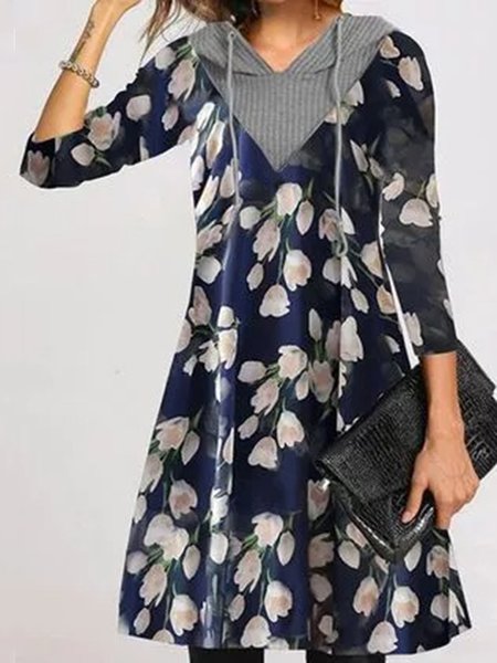 

Deep Blue Floral Printed Casual A-line Hooded Dresses, Midi Dresses