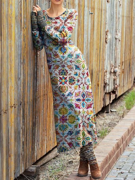 

Long-sleeved Vintage Printed Dresses, As picture, Midi Dresses