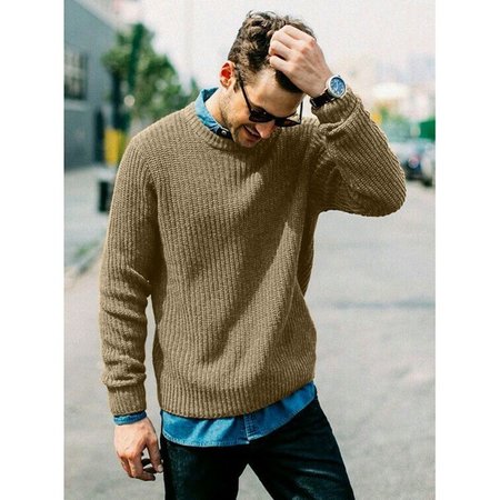 

Casual Cotton Crew Neck Sweater, Light khaki, Sweater