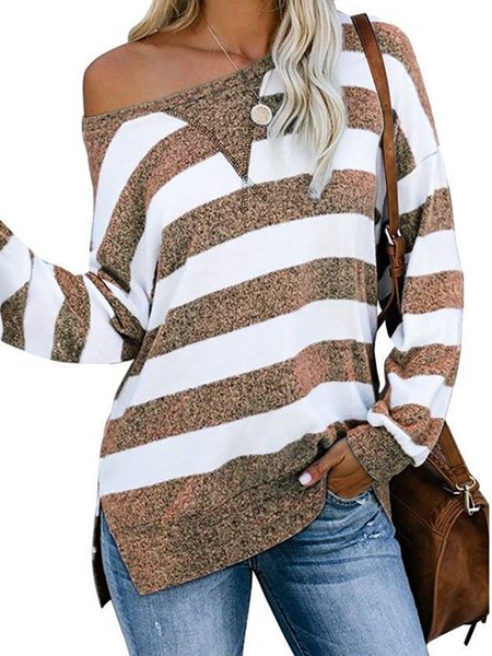 

Vintage Stripes Long Sleeves Casual Shirts & Tops, Khaki, T-Shirts