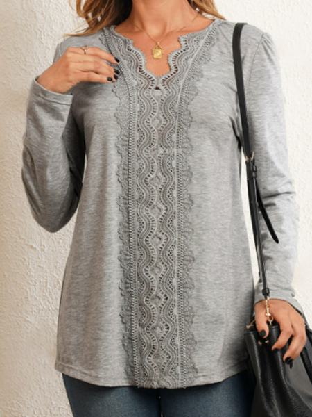 

V-neck lace long sleeve plain knit top T-shirt, Light gray, Long sleeve tops