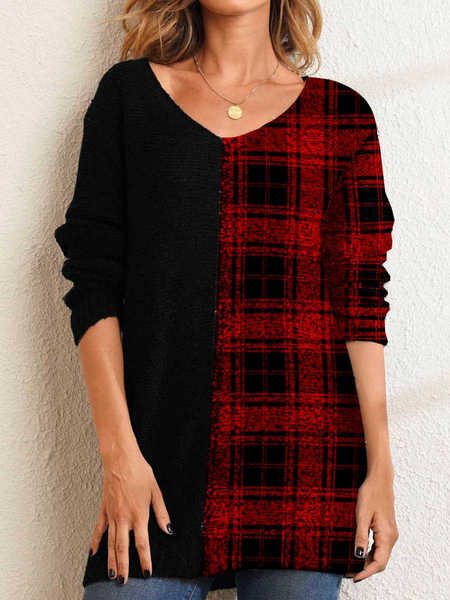 

Casual Plaid Stitching V Neck Long Sleeve Top, Black, Tunics
