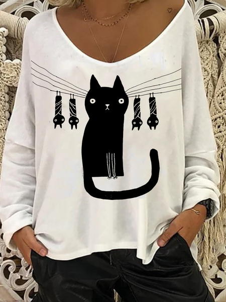 Large crew neck long sleeve casual printed animal cat top T-shirt, White, Long sleeve tops