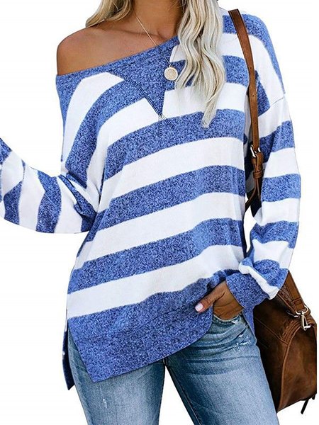 

Vintage Stripes Long Sleeves Casual Shirts & Tops, Blue, T-Shirts