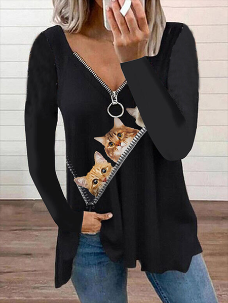 

Animal Printed Zipper Casual Shirts & Tops, As picture, T-Shirts