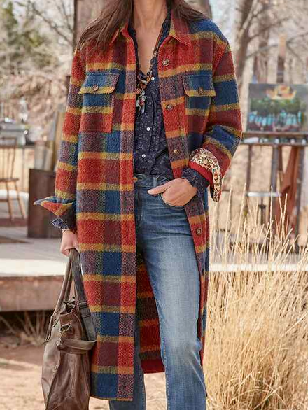 

Winter Plaid Long Sleeve Lapels Casual Outerwear, Multicolor, Outerwear