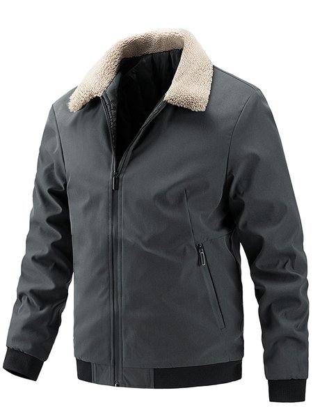 Fleece Collar Solid Puffer Fleece Coat, Gray, Jacket