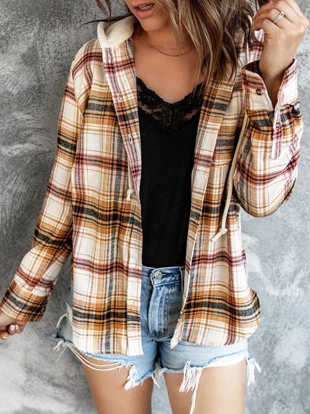 

Plaid Splicing Knitted Cap Cotton Blends Outerwear, Black-yellow, Cardigans