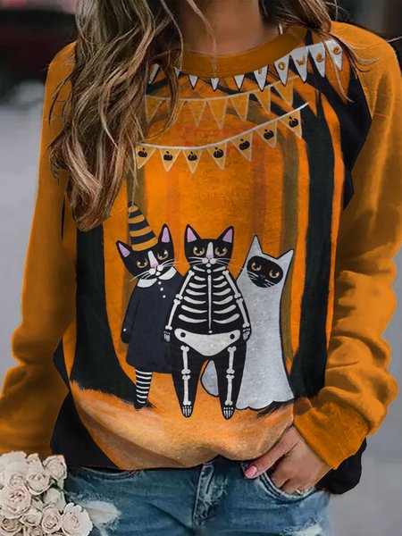 3 Black Cats Halloween Sweatshirt, As picture, Hoodies&Sweatshirts