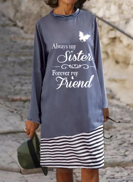 

Letter Stripe Print Long Sleeve Dress, As picture, Midi Dresses