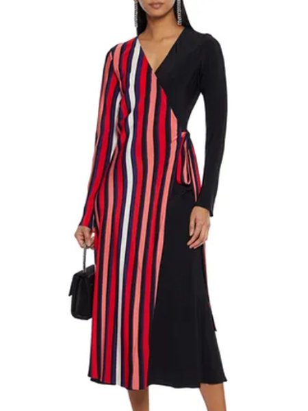 

Elegant Holiday Date Striped Dress, Black, Midi Dresses