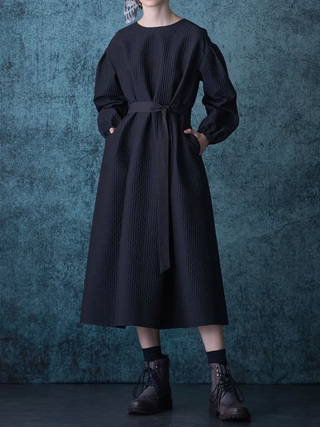 

Long Sleeve Crew Neck Plain Midi Dress, Black, Midi Dresses
