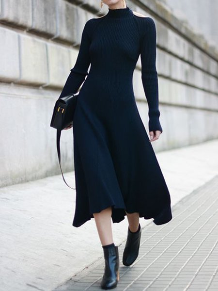 

Elegant Long Sleeve Long Plain Sweater, Blue, Midi Dresses