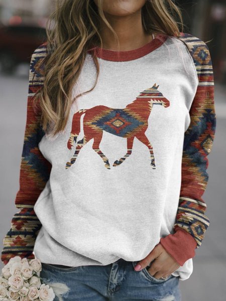 

Casual Long Sleeve Crew Neck Printed Top, Multicolor, T-Shirts