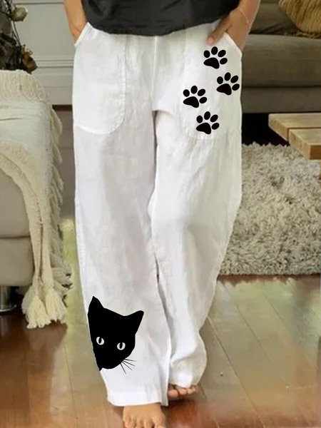 

Bianco Gatto Stampato Tasche Dritto Casuale Vita elastica Pantaloni, Pants