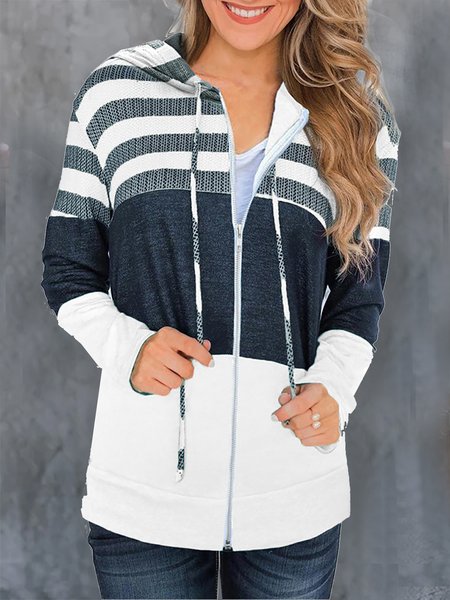 

Vintage Stripes Long Sleeves Hooded Outerwear, White, Outerwear