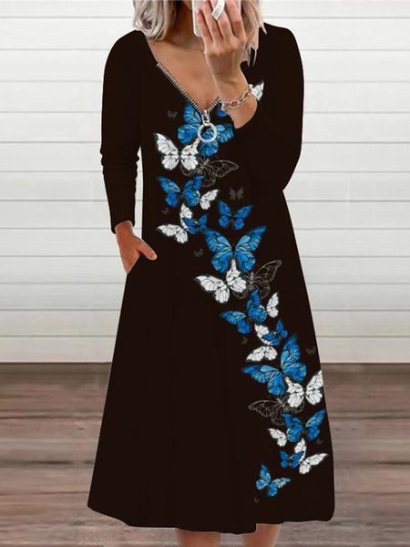 

Vintage Butterfly Printed V Neck Long Sleeve Zipper Plus Size Casual Dresses, Black, Midi Dresses