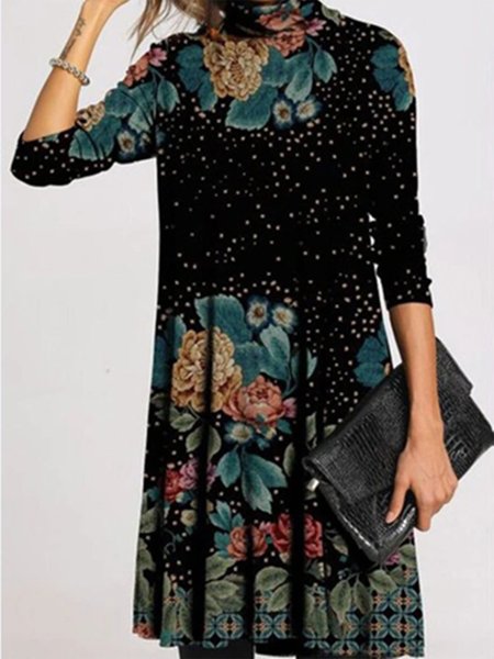 

Vintage Floral Printed Cowl Neck Long Sleeve Plus Size Casual Dresses, Multicolor, Mini Dresses
