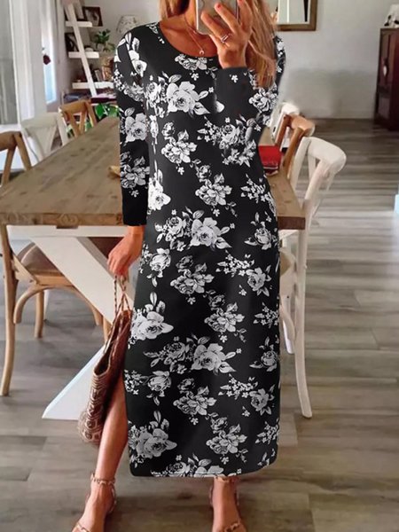 

Black Floral Print Crew Neck Long Sleeves Maxi Dresses, Maxi Dresses