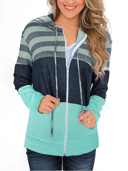 

Vintage Stripes Long Sleeves Hooded Outerwear, Lightgreen, Outerwear
