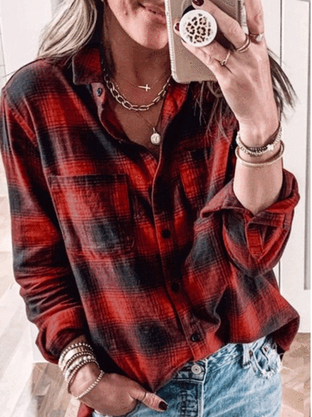 Casual Grid Cotton Blends Shirts & Tops, Red, Shirts & Blouses