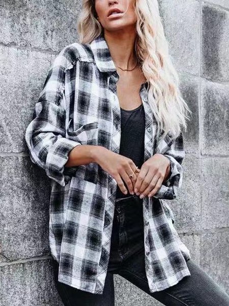 

Vacation Shirt Collar Checked/plaid Blouse, White, Blouses and Shirts