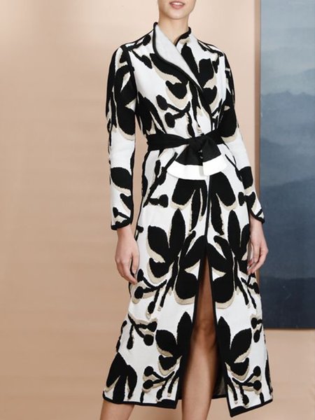 

Buttoned Lace-up Vintage Casual Outerwear, Black-white, Midi Dresses