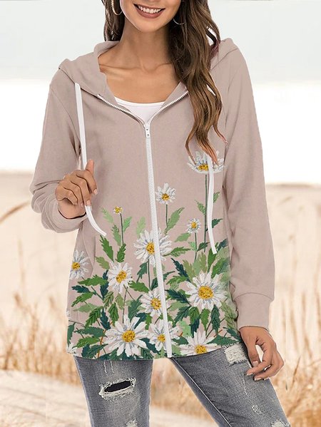 

Floral Printed Hooded Zipper Cotton Blends Outerwear, Pink, Cardigans