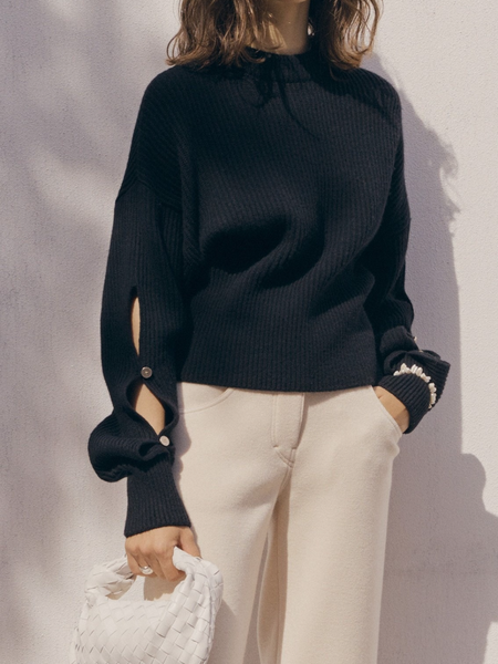 Fall Mid-weight High Stretch Daily Simple Sweater, Black, Pullovers