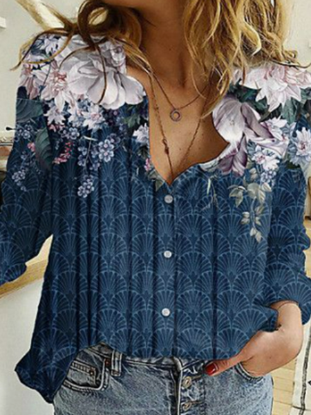 

Plant printed Long Sleeve Shirt Top, As picture, Shirts & Blouses
