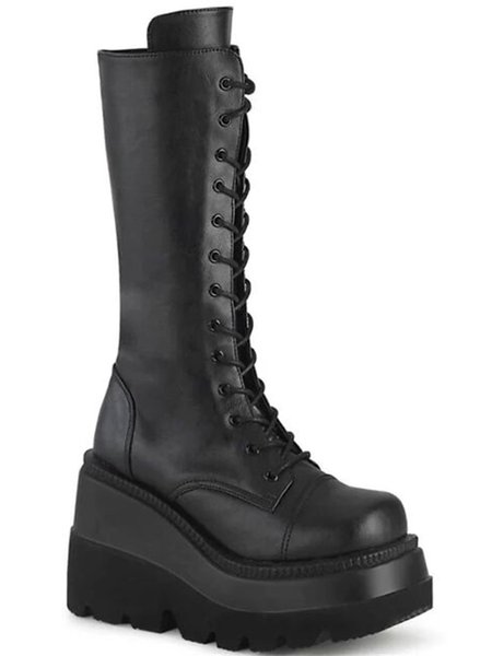

Casual Simple Lace-up Wedge Heel Boots, As picture, Boots