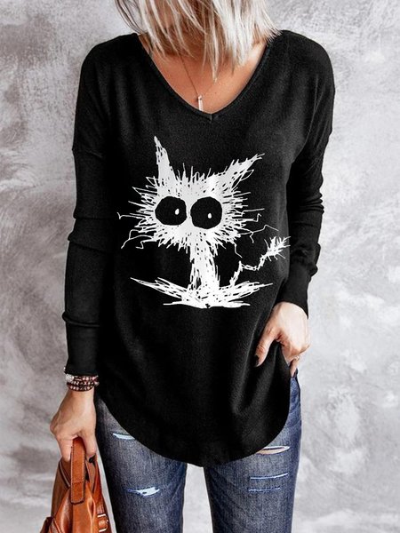 

Cartoon cat print casual long sleeve Shirts & Tops, Black, Long sleeve tops