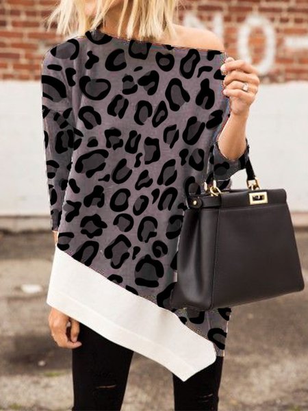 

Three Quarter Leopard Loosen Daily Top, As picture, Tops